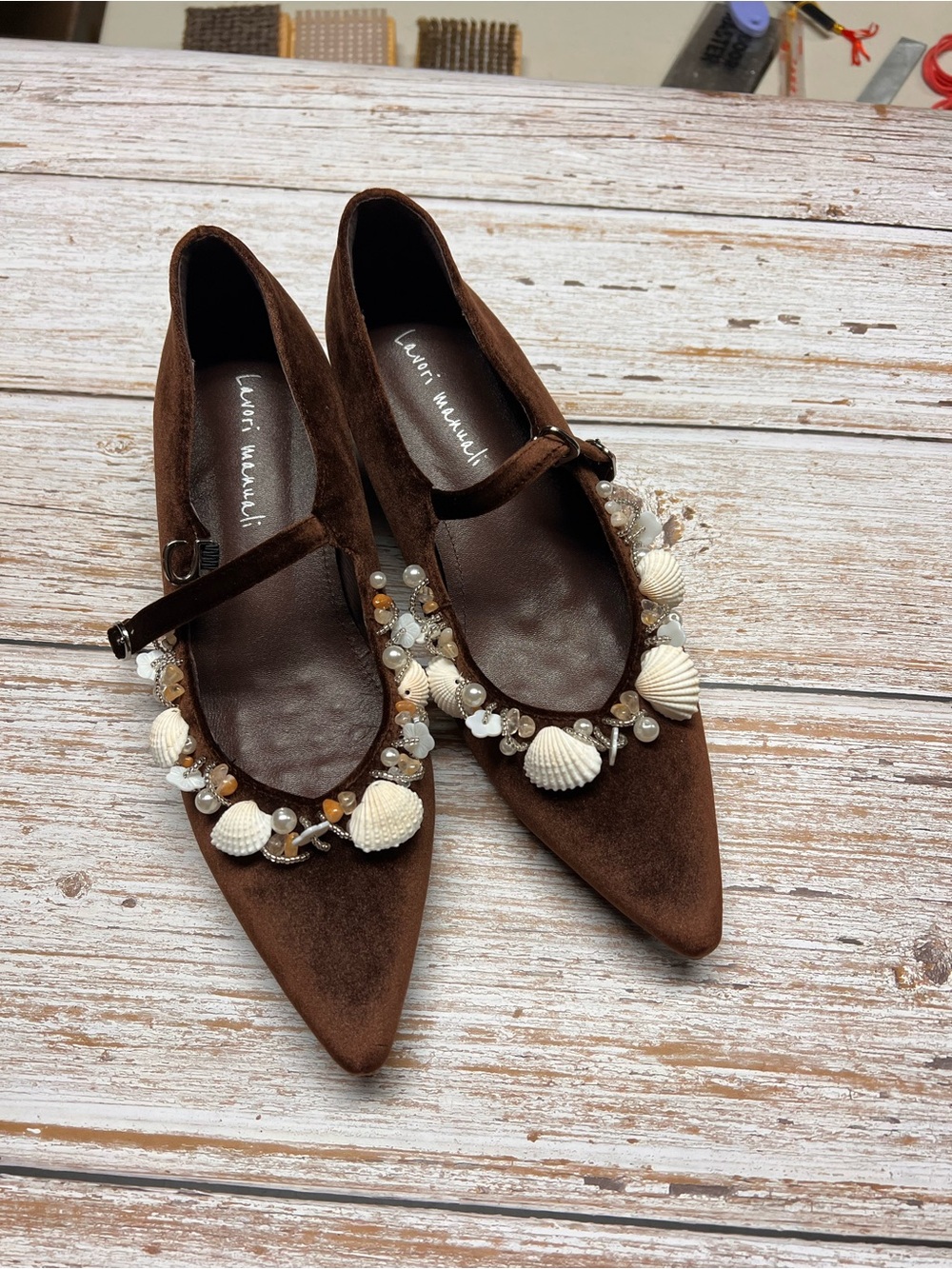 Brown Velvet Mary Jane Flats with Shell Embellishments